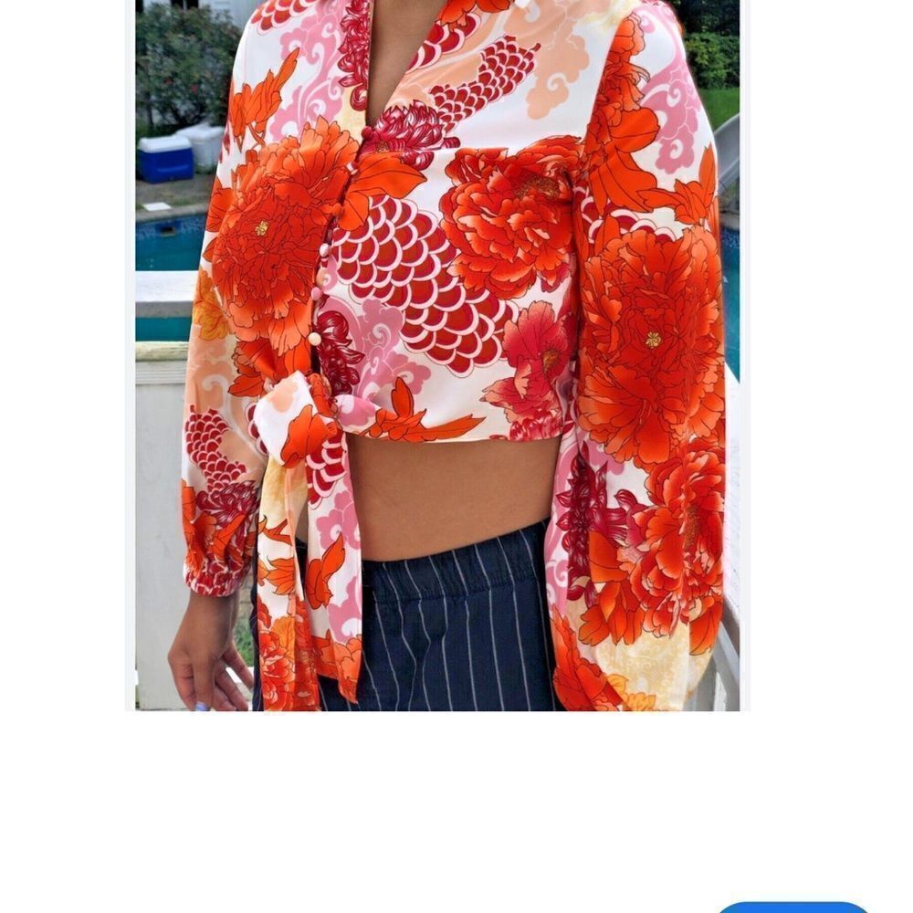 Joie Long Sleeve Orange & White floral tie@waist button down- NWOT- size small - Picture 11 of 16